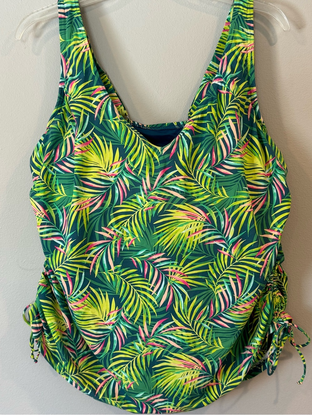Lands End Tankini Swim Top 18W Green Yellow Floral Underwire Tropical Adjustable